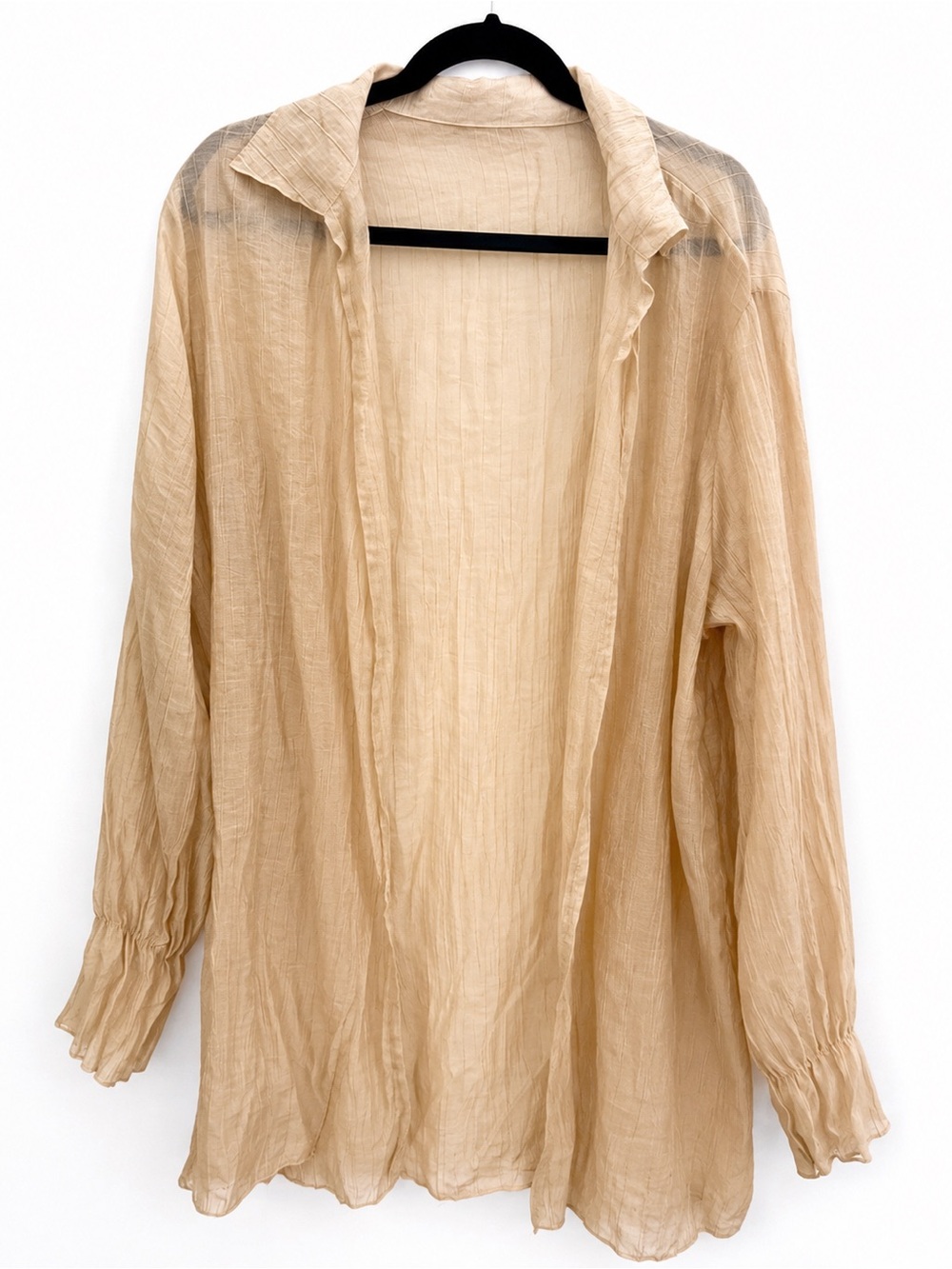 Beige Semi-Sheer Crinkle Open Front Long Sleeve Top – Size M